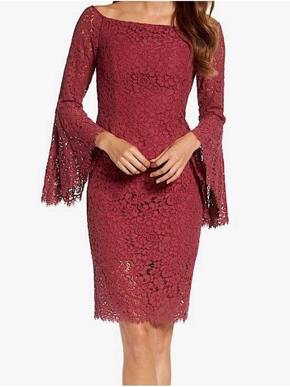NWT Bardot Solange Corded Lace Sheath Dress Bell Sleeve Burgundy Size 4 XS